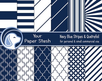 Navy Blue Striped Digital Paper, Blue Stripes & Quatrefoil Patterns, Nautical Scrapbook Paper for Father's Day and Birthday Pages