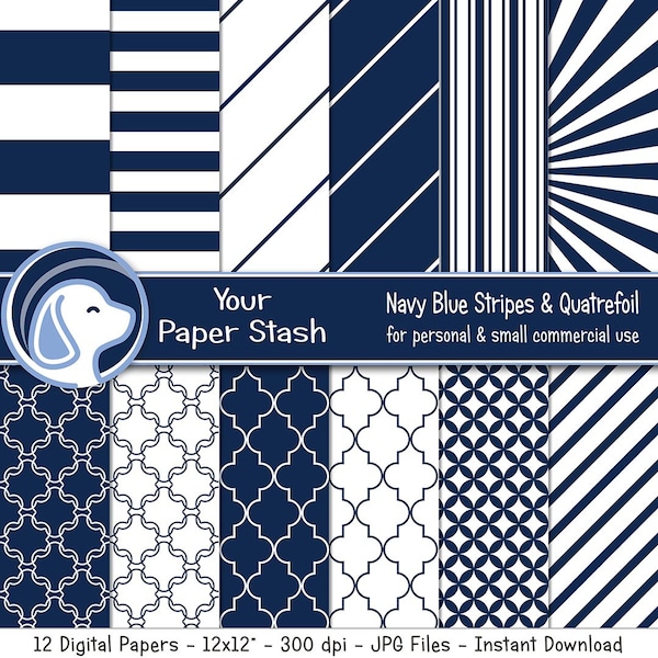 Navy Blue Striped Digital Paper, Blue Stripes & Quatrefoil Patterns, Nautical Scrapbook Paper for Father's Day and Birthday Pages