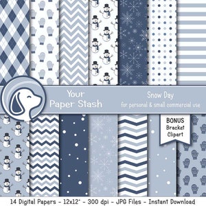 Winter Snowman Digital Scrapbook Papers w/ Mittens Snowflakes Snowmen Chevrons & Stripes, Blue Christmas Digital Papers, Commercial Use