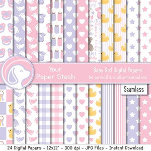 Nahtlose Baby Mädchen digitales Scrapbook Papier, rosa Lavendel Baby Muster mit Gummi Enten Schnuller Hintergründe, Instant Download