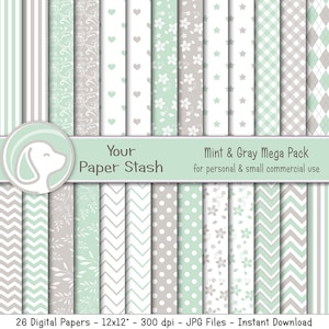 Mint Grün & Grau Digitale Papiere mit Streifen Polka Dots Chevrons Floral and Argyle Muster, MintGrün Hochzeit und Dusche Digitale Papiere