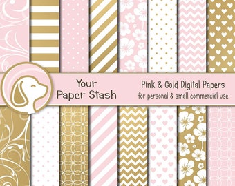 Pink Blush & Gold Digital Paper Pack for Wedding Scrapbook Pages, Pink Gold Elegant Papers for Bridal Showers Baby Showers, Commercial Use