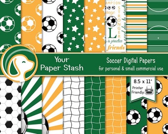 Soccer Digital Paper Pack 8.5x11, Green Gold Team Spirit Backgrounds, Sports Scrapbook Paper