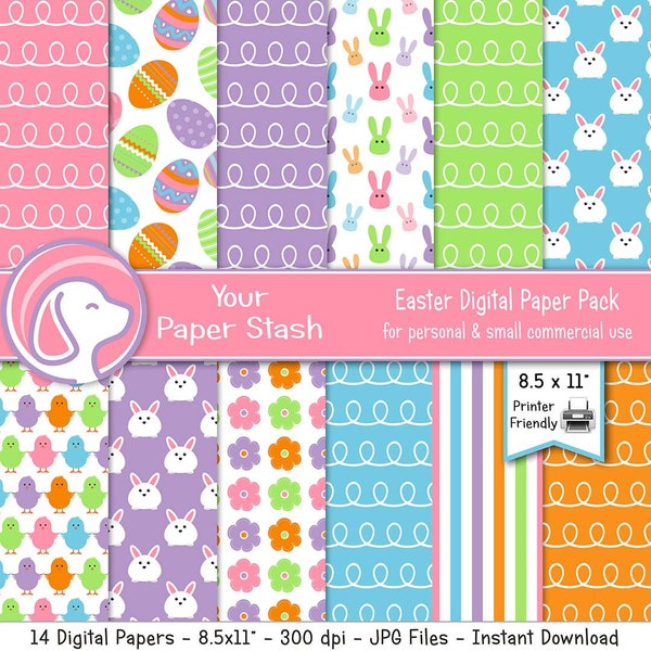 Printable Easter Digital Paper Pack, Spring Easter Bunny Eggs Chick Bright Rainbow Color Digital Paper, Spring Craft Projects Download