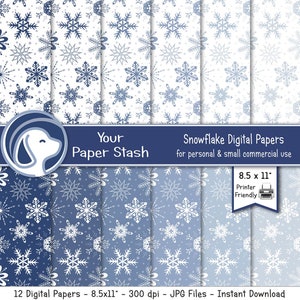 May include: A collection of 12 digital papers featuring snowflake patterns in shades of blue and white. The papers are 8.5 x 11 inches and printer-friendly. The image includes the text "Your Paper Stash" and "Snowflake Digital Papers".