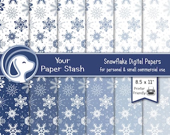 Snowflake Digital Paper 8.5x11, Blue Christmas Winter Scrapbook Backgrounds, Icy Holiday Paper Pack, Instant Download