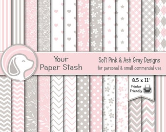 Pink & Gray Digital Papers For Wedding Bridal Showers and Baby Scrapbook Pages, Floral