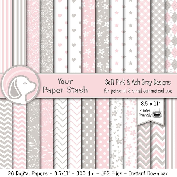 Pink & Gray Digital Papers For Wedding Bridal Showers and Baby Scrapbook Pages, Floral