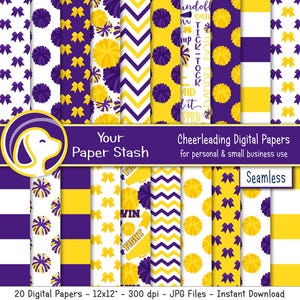 Cheer Seamless Digital Scrapbook Papers Patterns With Pom-Poms Megaphones Hair Bows Chevrons Stripes Purple Yellow, Download