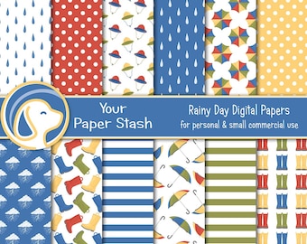 Spring Rain Digital Scrapbook Papers & Backgrounds with Rain Boots Umbrellas and Clouds, Rainy Day April Showers Digital Papers