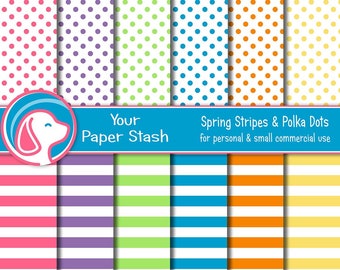 Spring and Easter Digital Paper Pack With Bright Rainbow Polka Dots and Striped Backgrounds,  Hot Pink Aqua Blue Yellow and Lime Green Paper