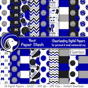 Naadloos Cheerleader Digital Paper Pack, Royal Blue Black Cheerleading Cheer Team Digital Paper Patterns, Pom Pom Megafoon Patronen