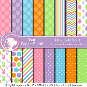 Easter Digital Scrapbook Papers With Baby Chics & Bunny Rabbits, Spring Stripe Chevron Digital Papers in Pink  Lime Turquoise / CM105