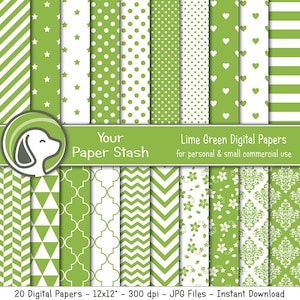 Lime Green Digital Paper Scrapbook Backgrounds Geometric Patterns Polka Dot Chevron Stripes Heart Diamond Flora, Instant Download Commercial