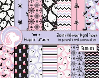Könnte beinhalten: Ein Set mit 14 digitalen Papieren mit verschiedenen Halloween-Mustern. Die Muster umfassen Geister, Fledermäuse, Mais-Süßigkeiten, Spinnen und Spinnweben. Die Papiere sind in Pink, Lila, Schwarz und Weiß. Der Text "Your Paper Stash" und "Ghostly Halloween Digital Papers" ist im Bild enthalten. Der Text "Seamless" ist ebenfalls im Bild enthalten.