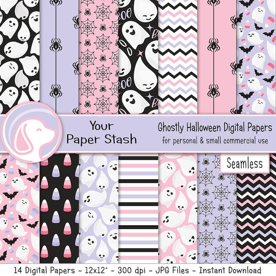 Pink Halloween Digital Paper Pack, Pastel Ghost Bat Candy Corn Seamless Patterns