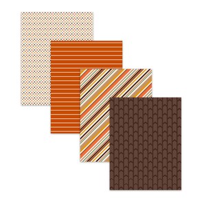Printable Thanksgiving and fall scrapbook paper pack with pumpkins, leaves, polka dots, and plaid patterns in autumn colors.