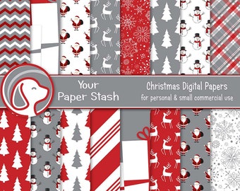 Paquete de papeles digitales navideños, fondos para álbumes de recortes con muñecos de nieve, Papá Noel y renos a cuadros rojos y grises.