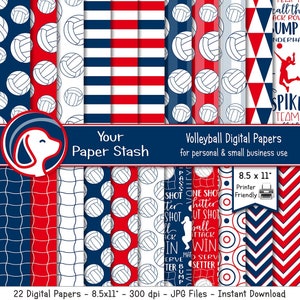 Printable Volleyball Digital Paper Pack | Red Navy Blue Volleyball Net and Ball Background Patterns | Volleyball Team Digital Papers