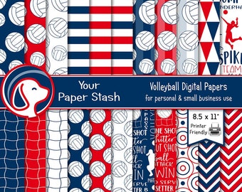 Printable Volleyball Digital Paper Pack | Red Navy Blue Volleyball Net and Ball Background Patterns | Volleyball Team Digital Papers