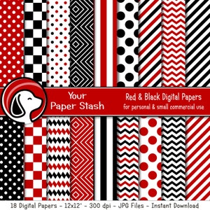 Paquete de papel digital rojo y negro para páginas de álbumes de recortes, pancartas y recuerdos de fiesta, con patrones de chevron, cuadros, rayas, lunares y zigzag.