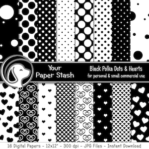 Paquete de papel digital con lunares en blanco y negro, papel para álbum de recortes con forma de corazón, fondos digitales negros, papel digital de aniversario, uso comercial