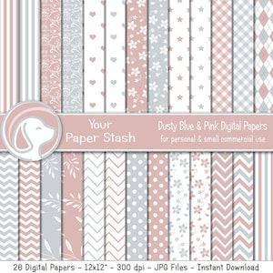 Dusty Blue & Rose Pink Digital Paper Pack mit floralem Polka Dot Argyle und Herz Hintergrund, Baby Shower oder Gender Reveal Scrapbook Papier