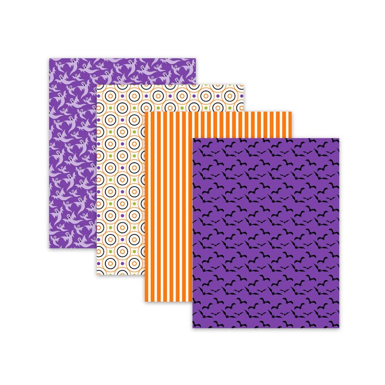 Colorful Halloween digital paper pack with kid-friendly and creepy-cute illustrations and patterns