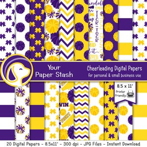 Padrões de papéis de scrapbook digital para impressão Cheer com pompons, megafones, laços de cabelo, chevrons, listras, roxo, amarelo, download