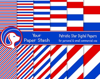 Patriotic 4th of July Stripe Digital Paper Pack, Memorial Day Veterans Day Scrapbook Paper, Diagonal Stripes / CM107