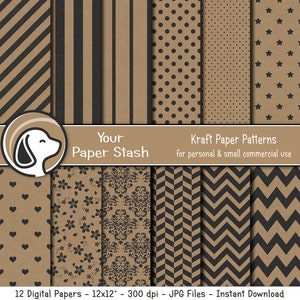 Braun Kraft Digital Paper Pack mit Chevrons Streifen Polka Dots & Blumen-Muster, braun Scrapbook Papiere, Instant Download, kommerzielle Nutzung