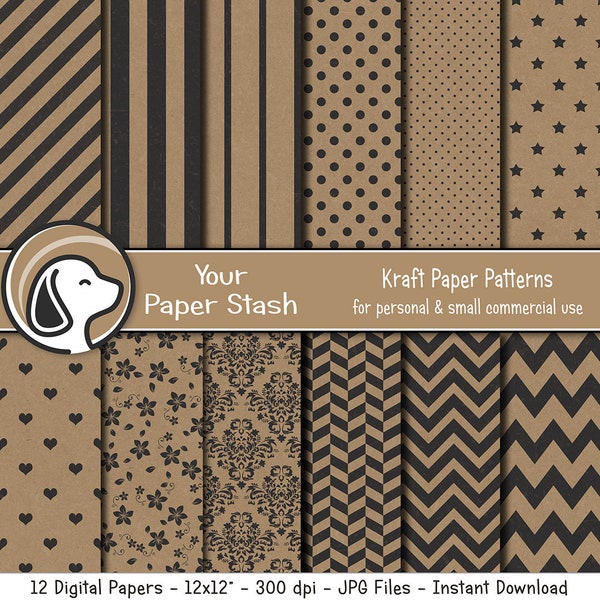 Brown Kraft Digital Paper Pack With Chevrons Stripes Polka Dots & Flower Patterns, Brown Scrapbook Papers, Instant Download, Commercial use
