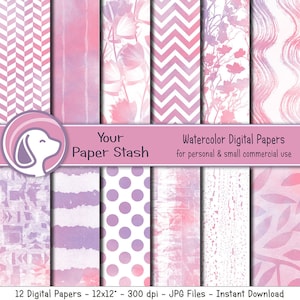 Pink Watercolor Digital Paper Pack With Floral Polka Dot Brush Stroke Stripe & Chevron Patterns for Scrapook Pages, Commercial Use