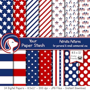 Red White & Blue Patriotic Digital Papers for the 4th of July, Memorial Day, Veteran&#39;s Day, Stars Stripes Decorative Paper