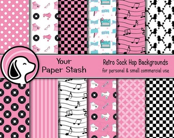 Digitales Papierpaket „Sock Hop der 1950er Jahre“, pink-schwarze Retro-Rock-and-Roll-Scrapbook-Hintergründe, Papiere mit Pudelrock und Rollschuhmotiven