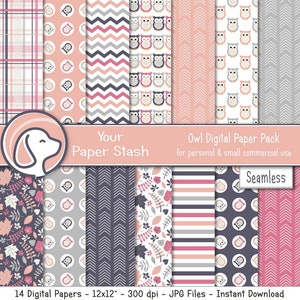 Pink and Gray Owl Digital Scrapbook Paper Pack, Baby Girl Nursery Digital Backgrounds, Baby Shower Digital Paper, Birthday Paper / WD101