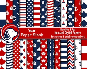 Nautical Scrapbook Papers with Sail Boats Sailor Hats & Anchor Patterns, Coastal Ocean Theme Digital Paper for Baby Showers and Birthdays