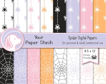 Paquete de papeles digitales de arañas de Halloween color lavanda, fondos imprimibles en rosa, morado y negro, descarga instantánea.