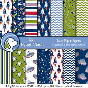 Weltraum Digital Paper Pack, Raumschiff Hintergründe, UFOs Astronaut Raketen & Stern Scrapbook Papiere für Geburtstage