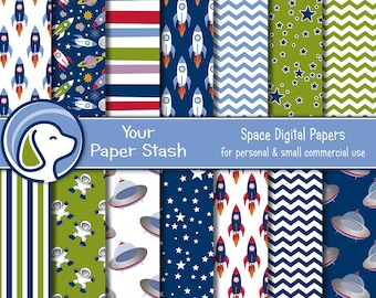 Space Digital Paper Pack, Spaceship Backgrounds, UFOs Astronaut Rockets & Star Scrapbook Papers for Birthdays