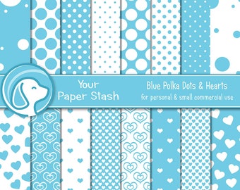 Aqua Blue Digital Paper Pack, Frühling Scrapbooking-Papiere, hellblaue Tupfen- und Herz-Digital-Papiere, Frühling Hintergründe Kommerzielle Nutzung