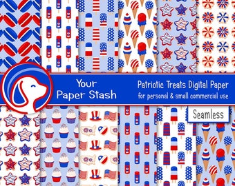 Patriotic Digital Paper Pack, 4th of July Scrapbook Paper, Cupcakes