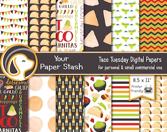 Tacos du mardi : arrière-plans en papier numérique avec chips de tacos, motifs salsa et chevrons, papiers numériques Fiesta, cuisine mexicaine, fournitures pour créations manuelles