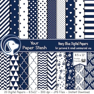Navy Blue Digital Paper Pack for Father&#39;s Day Patriotic Holidays & Nautical Scrapbook Pages, Blue Polka Dots Stripes Chevrons Floral Papers