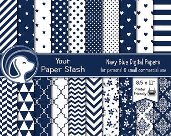 Navy Blue Digital Paper Pack 8.5x11 Father's Day Patriotic Scrapbooking Polka Dots Stripes Chevrons Floral Printable Instant Download