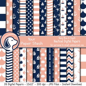 Coral Nautical Digital Papers For Baby Shower & Gender Reveal Parties, Nautical Scrapbook Pages, Sail Boat and Anchor Backgrounds