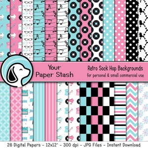 Retro 50s Sock Hop Digital Scrapbook Papel com Checkerboard Poodle Record LP Fundos para pequeno uso comercial