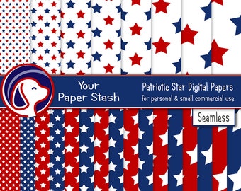 Patriotic Star Digital Paper Pack, Red White Blue 4th of July Scrapbooking Paper, Memorial and Veterans Day Patriotic Digital Scrapbook