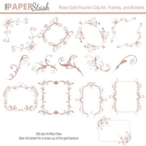 Rose Gold Flourish Clipart, Rose Gold Metallic Faux Foil Finish Digital Frame Clip Art, Gold Framed Wedding Clip Art Pobierz