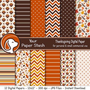 Thanksgiving Digital Paper Pack, Autumn Halloween Wedding Fall Festival Scrapbook Paper Backgrounds & Turkey Pattern, Burnt Orange / PS102